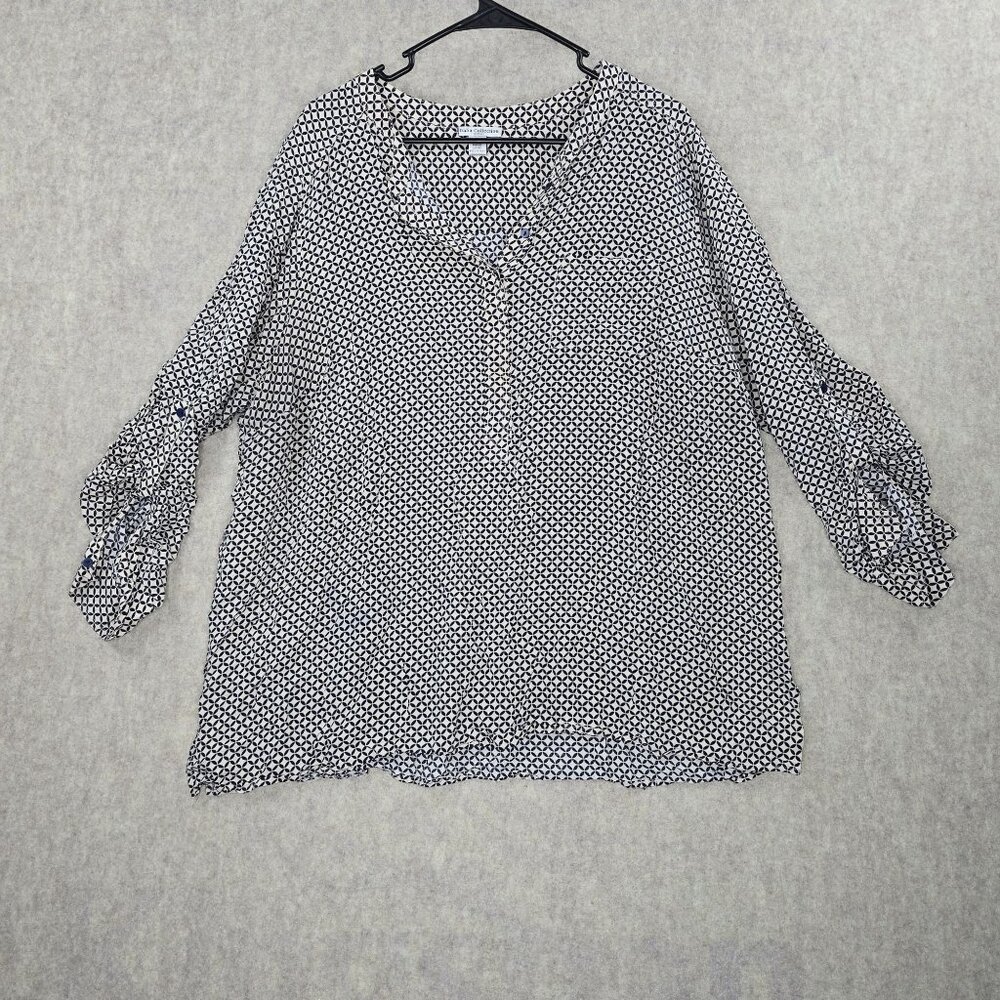 Dalia Collection Womens Plus-Size Blouse Navy & White Geometric Print Size 3X